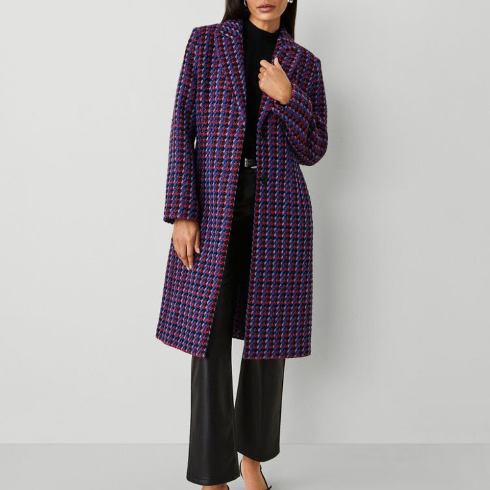 Ann Taylor Blue/Red Combo Plaid Wool-Blend Peacoat - Small